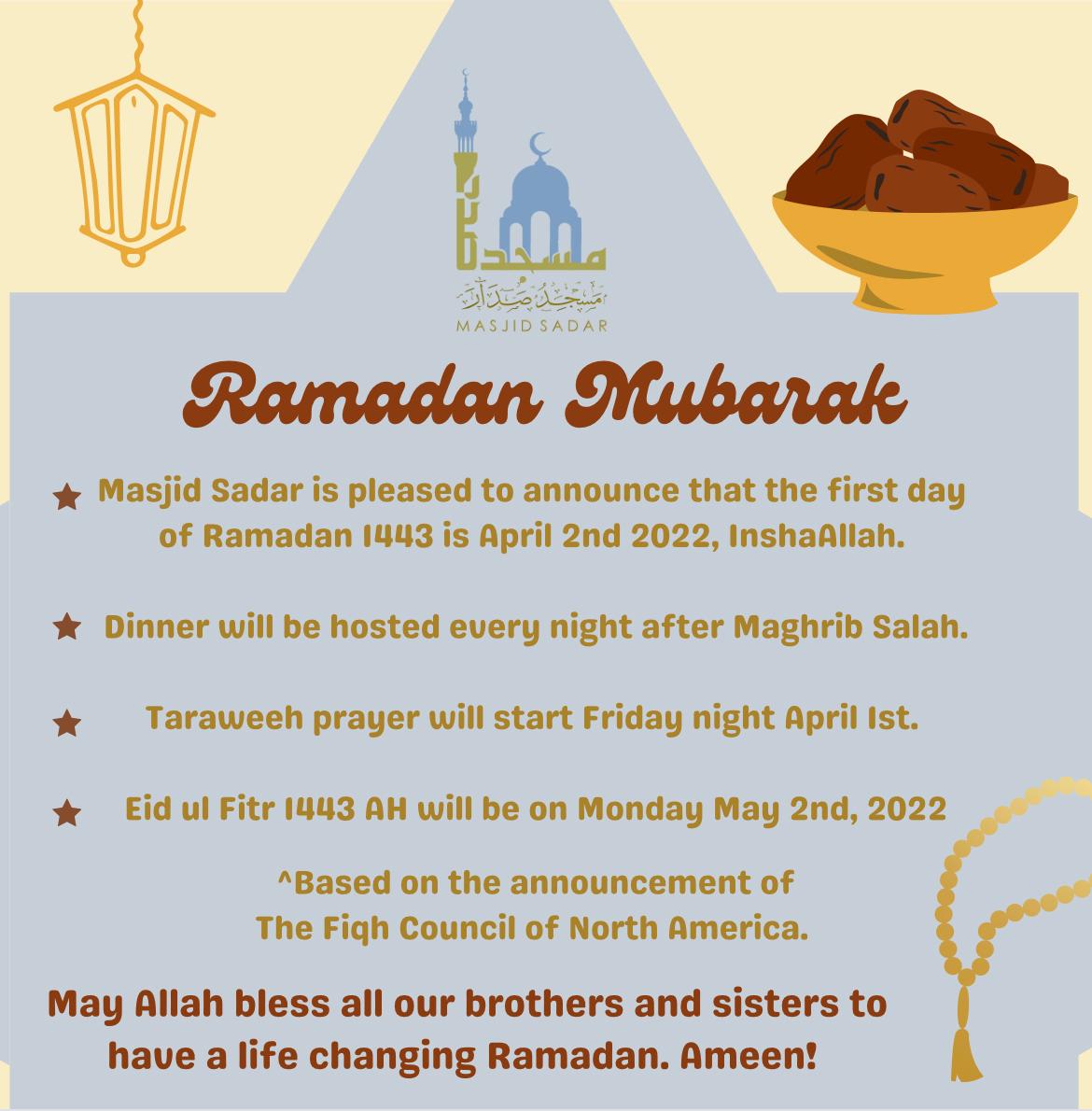 Ramadan Mubarak – 2022 (1443 AH) – Masjid Sadar